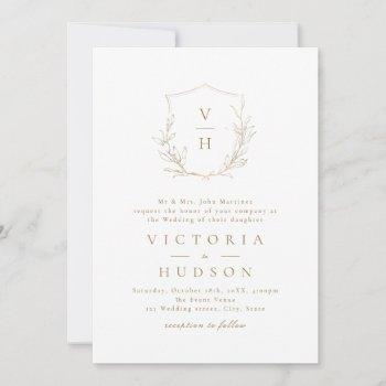 gold simple botanical crest monogram wedding invitation