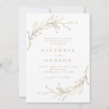 gold simple botanical wreath rustic wedding invitation