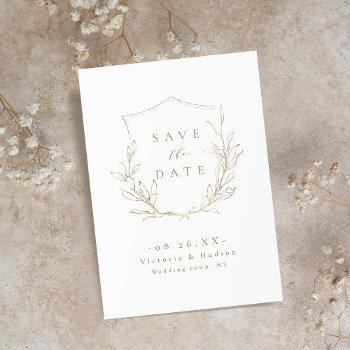 Small Gold Simple Elegance Botanical Crest Wedding Save The Date Front View