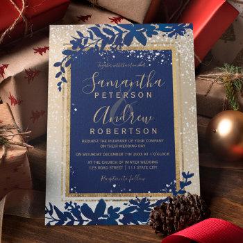 gold typography leaf snow blue winter wedding invitation