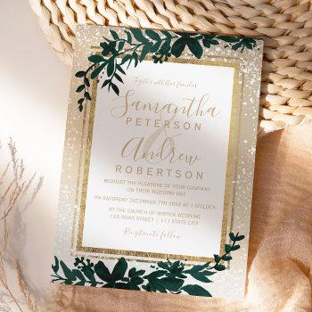 Small Gold Typography Leaf Snow Elegant Winter Wedding Front View