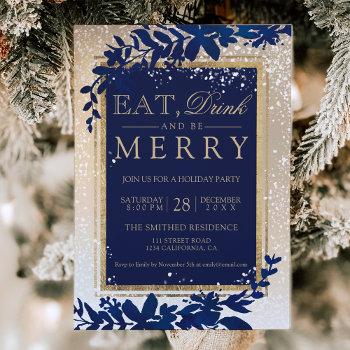 Small Gold Typography Leaf Snow Navy Eat Christmas Front View
