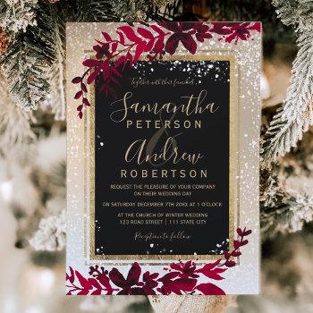 Small Gold Typography Leaf Snow Red Winter Wedding Front View