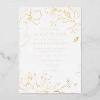 golden elegant white modern wedding real gold  foil invitation