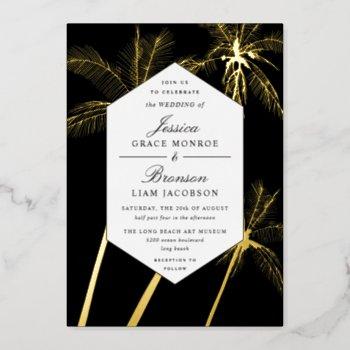 golden palm trees sophisticated tropical wedding foil invitation