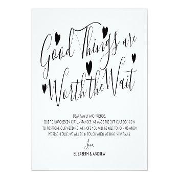 Small Good Things Worth The Wait Wedding Postponement Announcement Post Front View