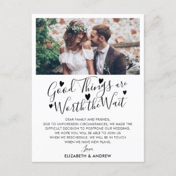 Small Good Things Worth Wait Wedding Postponement Photo Announcement Post Front View