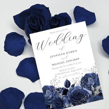 gorgeous navy indigo roses & silver wedding invitation
