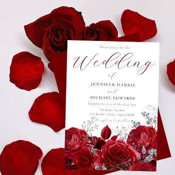 gorgeous red roses & silver wedding invitation