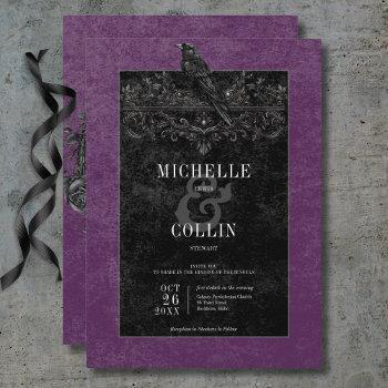 gothic black raven & black roses purple wedding invitation