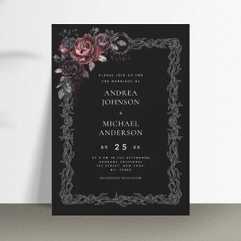 gothic floral frame dark goth halloween wedding invitation
