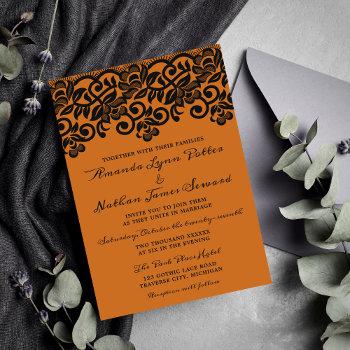 gothic lace halloween orange black wedding invitation