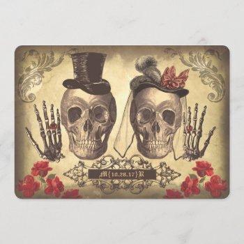 Small Gothic Skull Couple Day Of The Dead Wedding Invite Front View