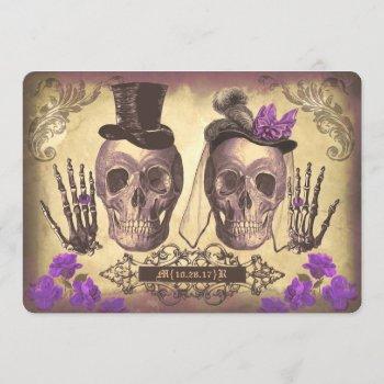 gothic skull couple day of the dead wedding purple invitation