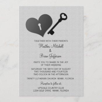 gray heart lock and key wedding invite