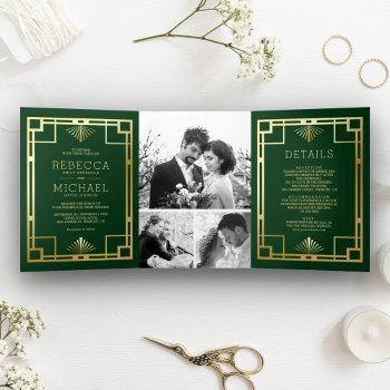 green and gold art deco photo collage wedding tri-fold invitation