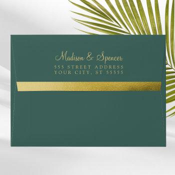 green and gold foil return address wedding mailing envelope