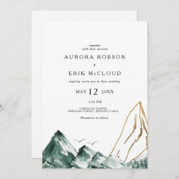 green and gold mountain all in one wedding invitation