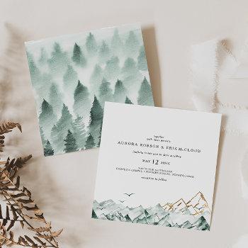 green and gold mountain square wedding invitation