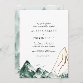 green and gold mountain wedding invitation