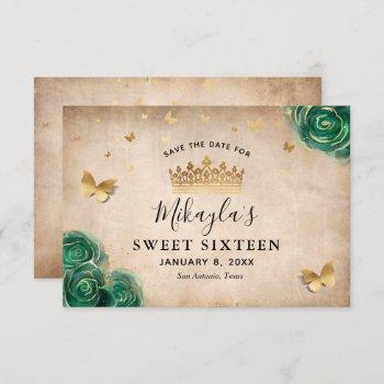 Small Green And Gold Rose Parchment Elegant Save The Date Front View