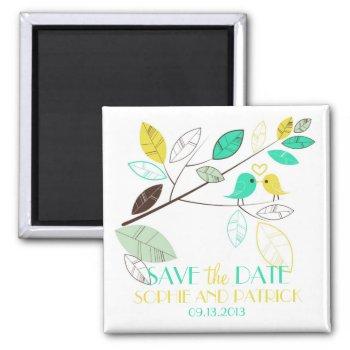 Small Green And Yellow Lovebirds Save The Date Magnet Front View
