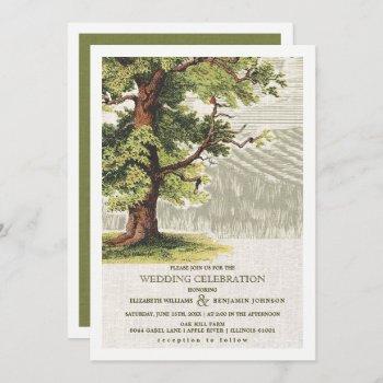 green beige vintage oak tree burlap wedding invitation