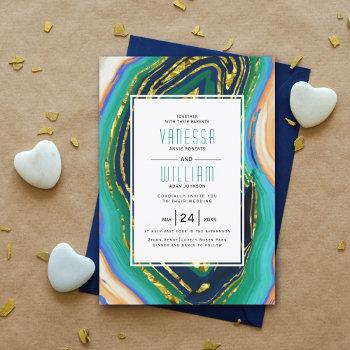 green, blue, peach agate, gold foil geode wedding invitation