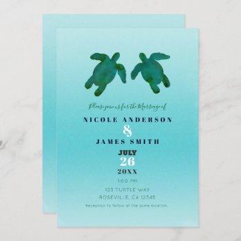 green blue watercolor ocean sea turtles wedding invitation