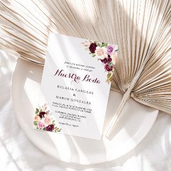 green blush burgundy floral spanish wedding invitation