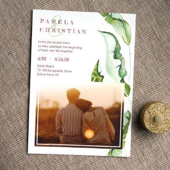 green brown tropical leaves photo wedding  invitation