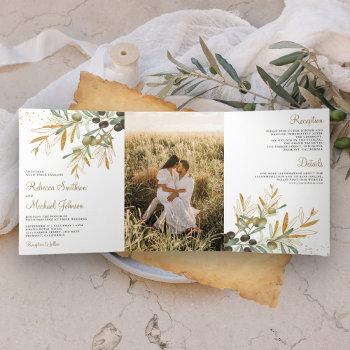Small Green Gold Olive Leaves Branch Photo Wedding Tri-fold Front View