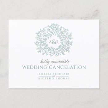 green hand drawn leaf monogram wedding cancelation announcement postcard