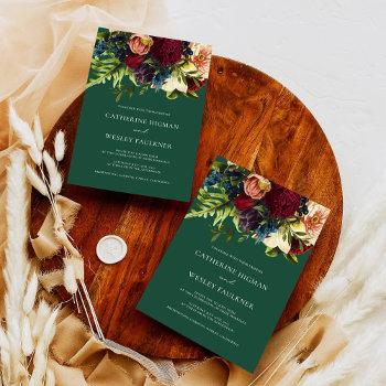 green jewel tone moody floral burgundy wedding  invitation