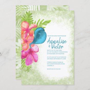 green leaves, pink, coral, aqua wedding invitation