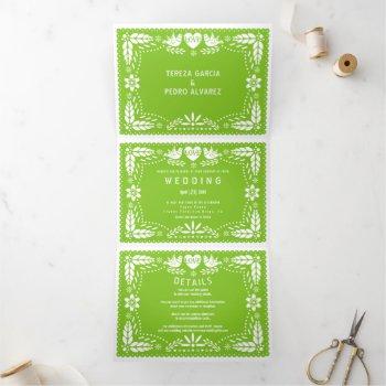 green papel picado love birds wedding tri-fold invitation
