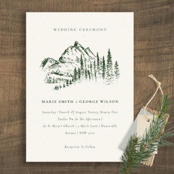 Small Green Pine Woods Mountain Sketch Wedding Invite Front View