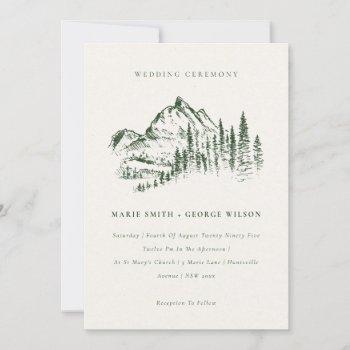 green pine woods mountain sketch wedding invite