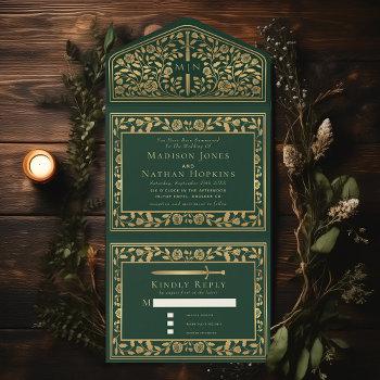 green royal medieval sword wedding  all in one invitation