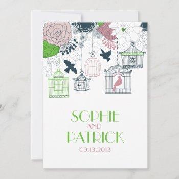 green vintage birdcages floral wedding invitations
