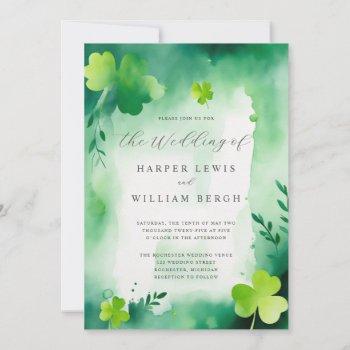 green watercolor clover wash wedding invitation