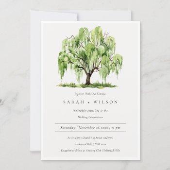 green watercolor willow tree farm wedding invite