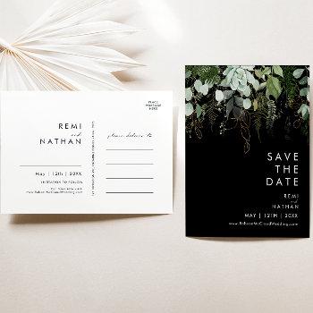 Small Greenery And Gold Black Save The Date Post Front View