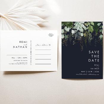 greenery and gold dark navy save the date postcard