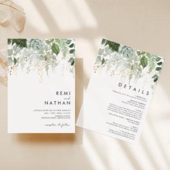 greenery and gold leaf all in one wedding invitation