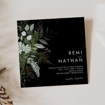 greenery and gold leaf | black square wedding invitation