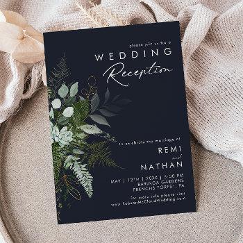 greenery and gold leaf dark navy wedding reception invitation