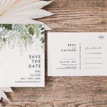 Small Greenery And Gold Leaf Save The Date Post Front View