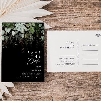 Small Greenery And Gold Leaf Script Black Save The Date  Post Front View