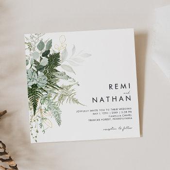 greenery and gold leaf square wedding invitation